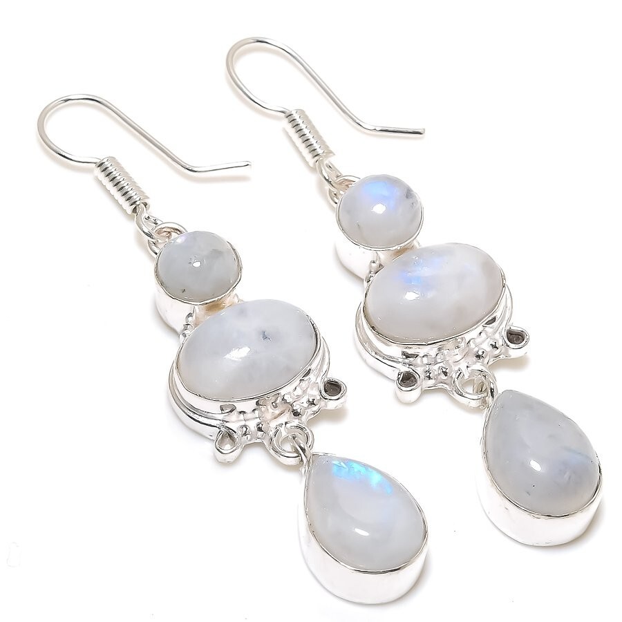 Rainbow Moonstone Gemstone Handmade 925 Sterling Silver Jewelry Earring Sz 2.40