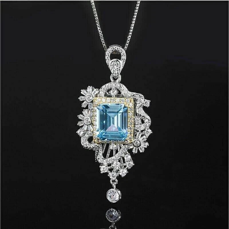 New Necklace 3Ct Emerald Aquamarine Lab Created Pendant 14K Two Tone Gold Over