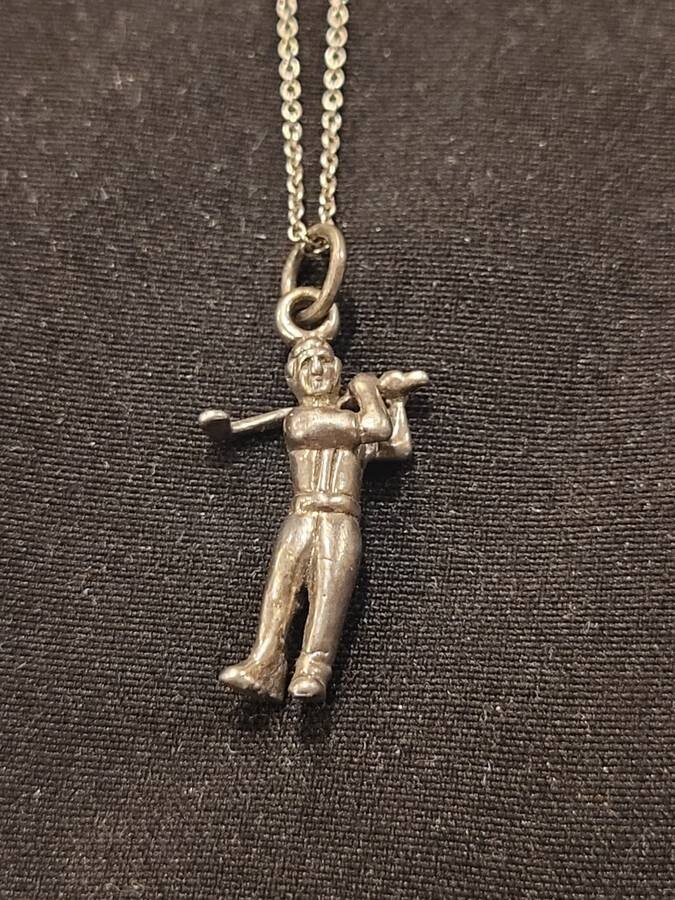 Estate Sterling Silver Golfer Charm on 18 in. Round Link Chain