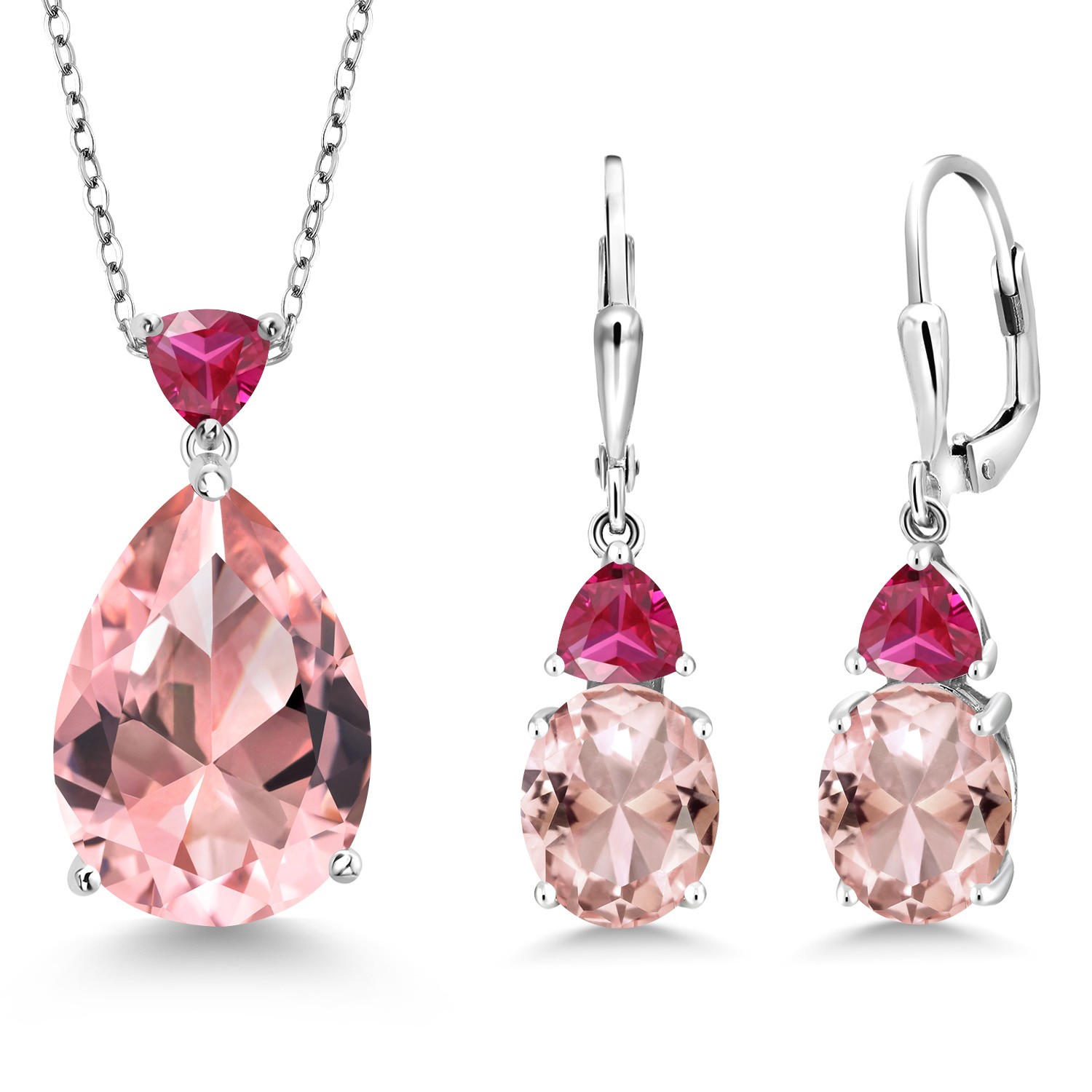 925 Sterling Silver Peach Nano Morganite and Created Ruby Pendant Earrings