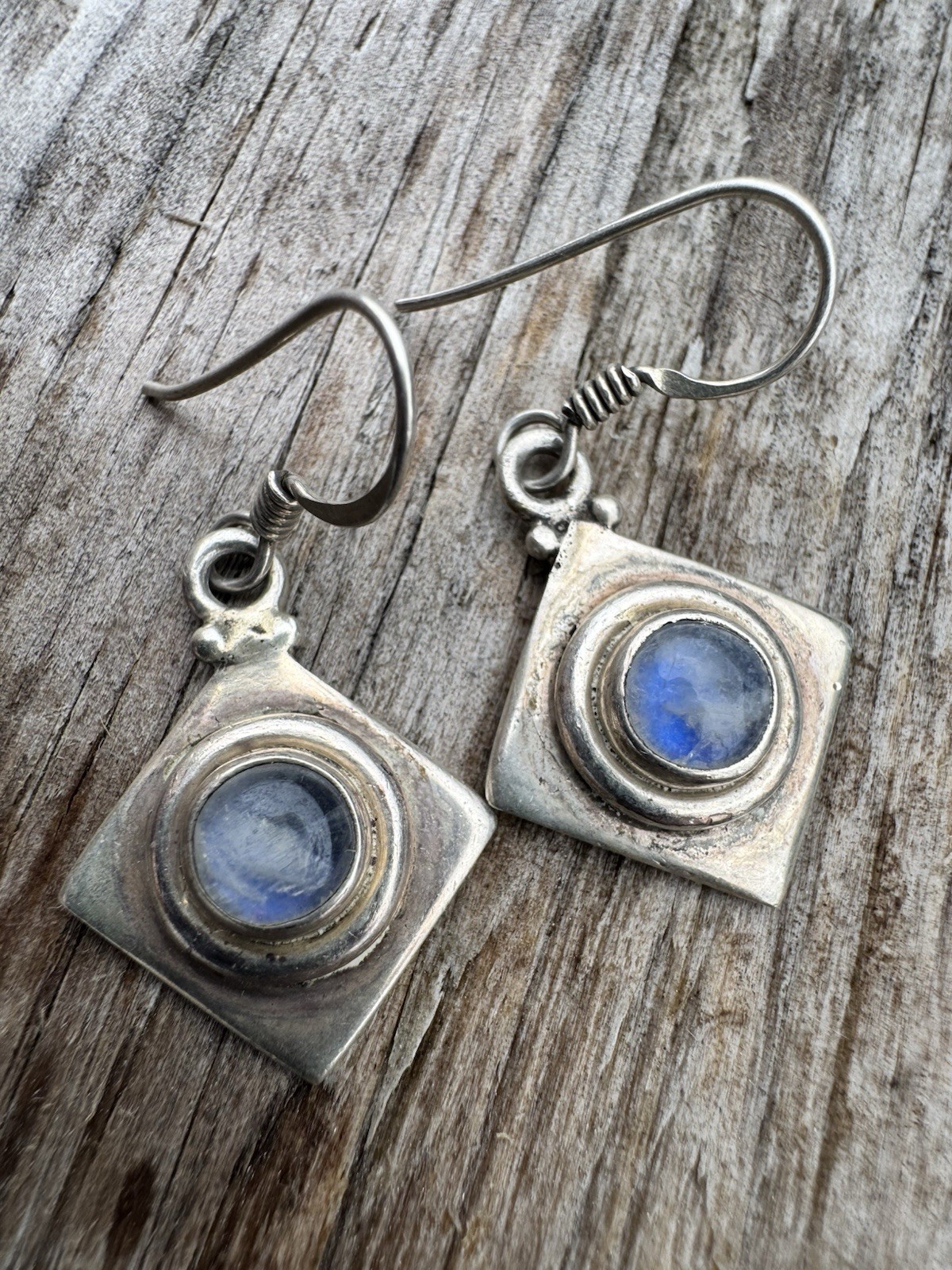 925 Sterling Silver Rainbow Moonstone Geometric Square Dangle Drop Earrings