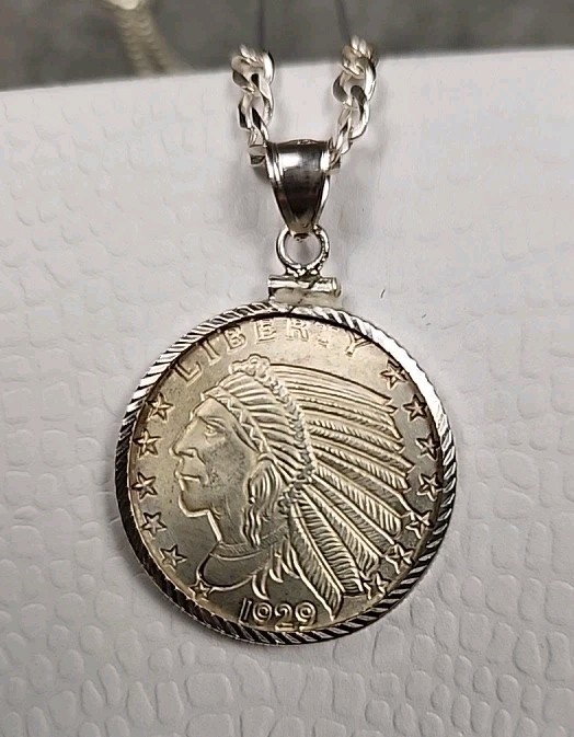 1/4 Incuse Indian Silver Round Sterling Silver Coin Edge PendantCuban Link Chain