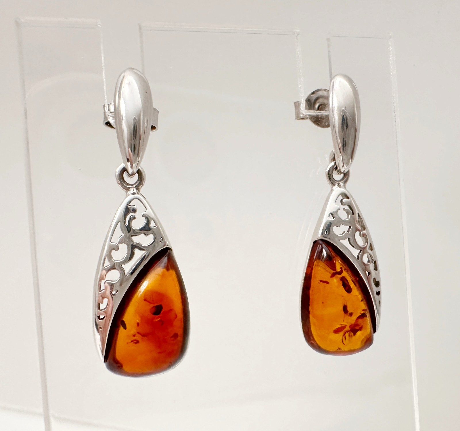 Estate 925 Sterling Silver Filigree Drop Dangle Cognac Amber Earrings 33mm/1.3″