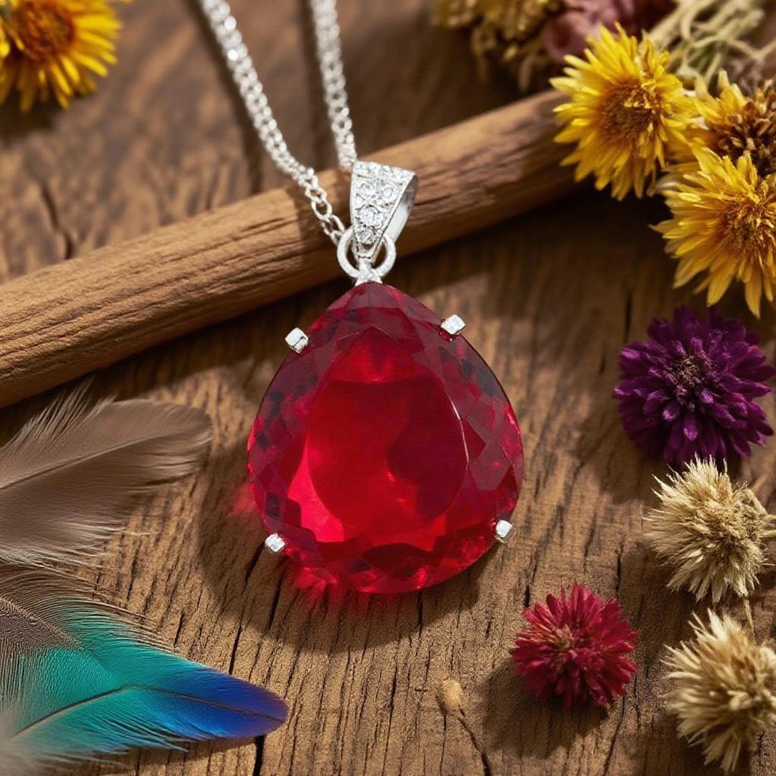 Certified 40 Ct Natural Red Ruby 925 Solid Silver Pendant Pear Cut Gemstone