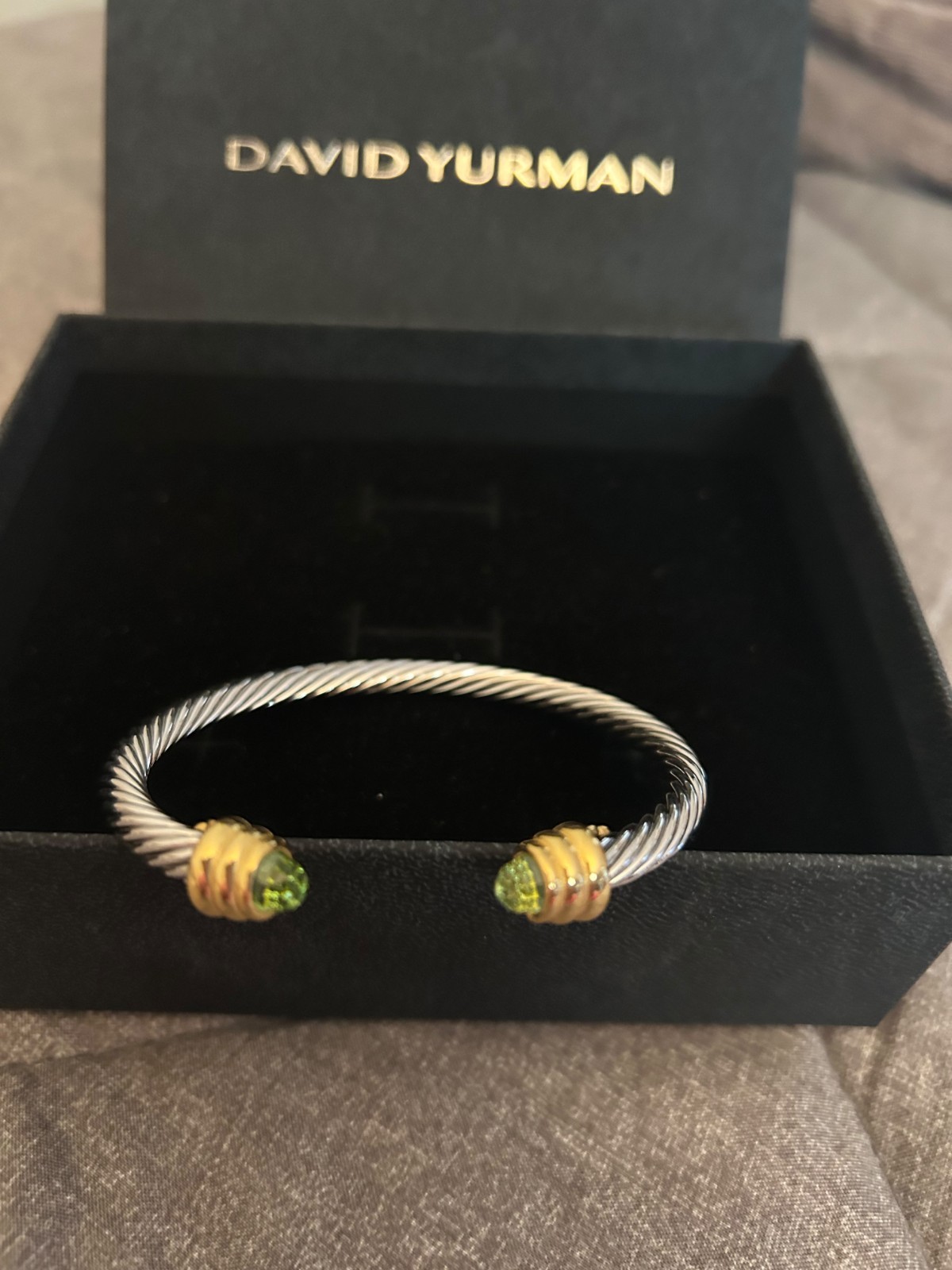 David Yurman 925 Sterling Silver Cable Cuff Bracelet w/ Green Peridot