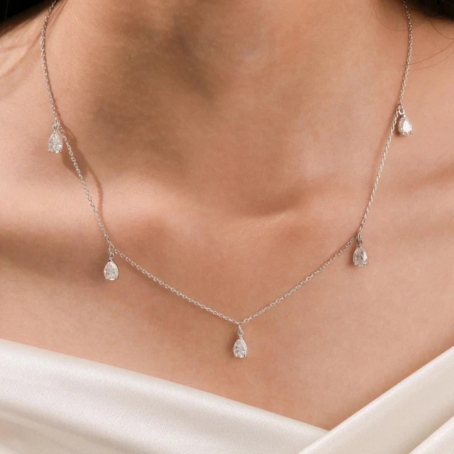 2Ct Pear Cut Lab-Created Diamond Dangling Station Necklace 14K White Gold Plated