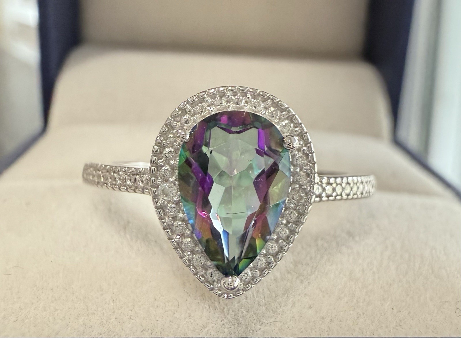 Pear Cut Mystic Topaz Ring With Diamond Accents In Sterling Silver, Size 7.5