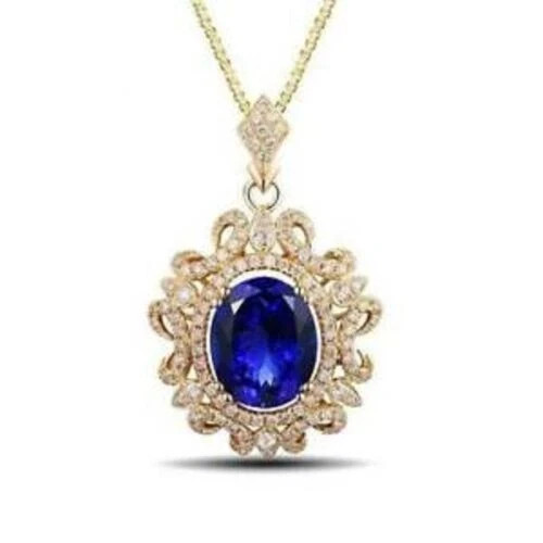 4.50Ct Oval Blue Tanzanite Diamond Pendant 18″ Free Chain 14K Yellow Gold Finish
