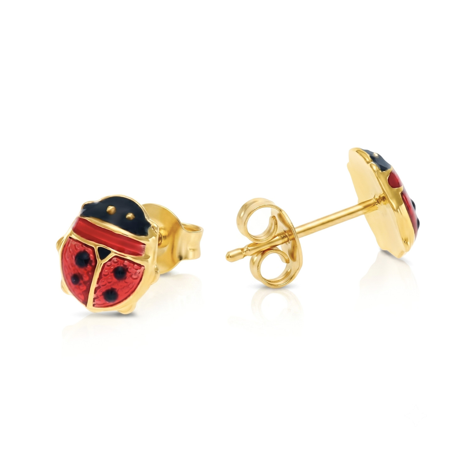 14K Real Solid Yellow Gold Poke-A-Dot Enamel Ladybug Stud Earrings Push-backs