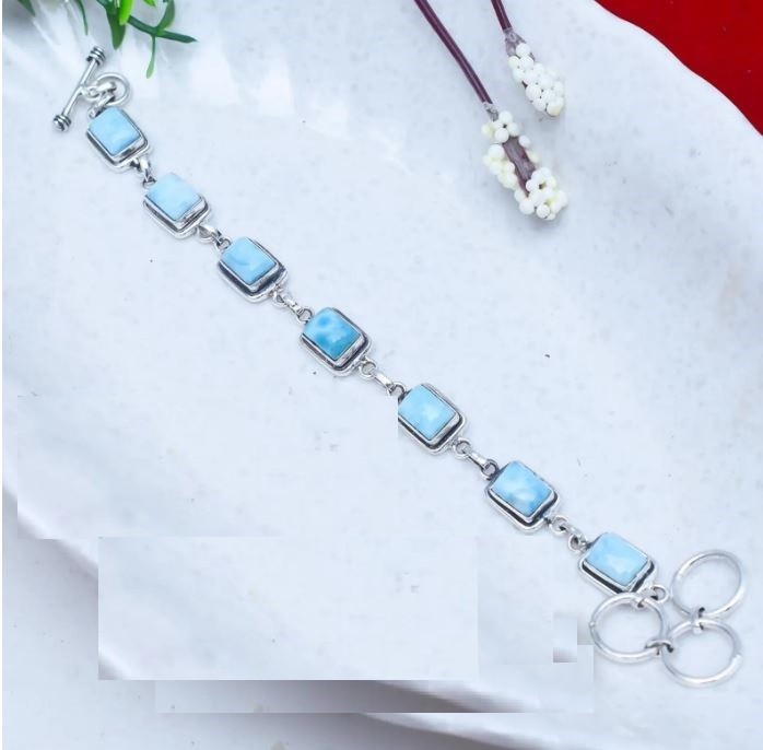 Rectangle Larimar Bracelet 925 Sterling Silver Anniversary Gift Bracelet Si40