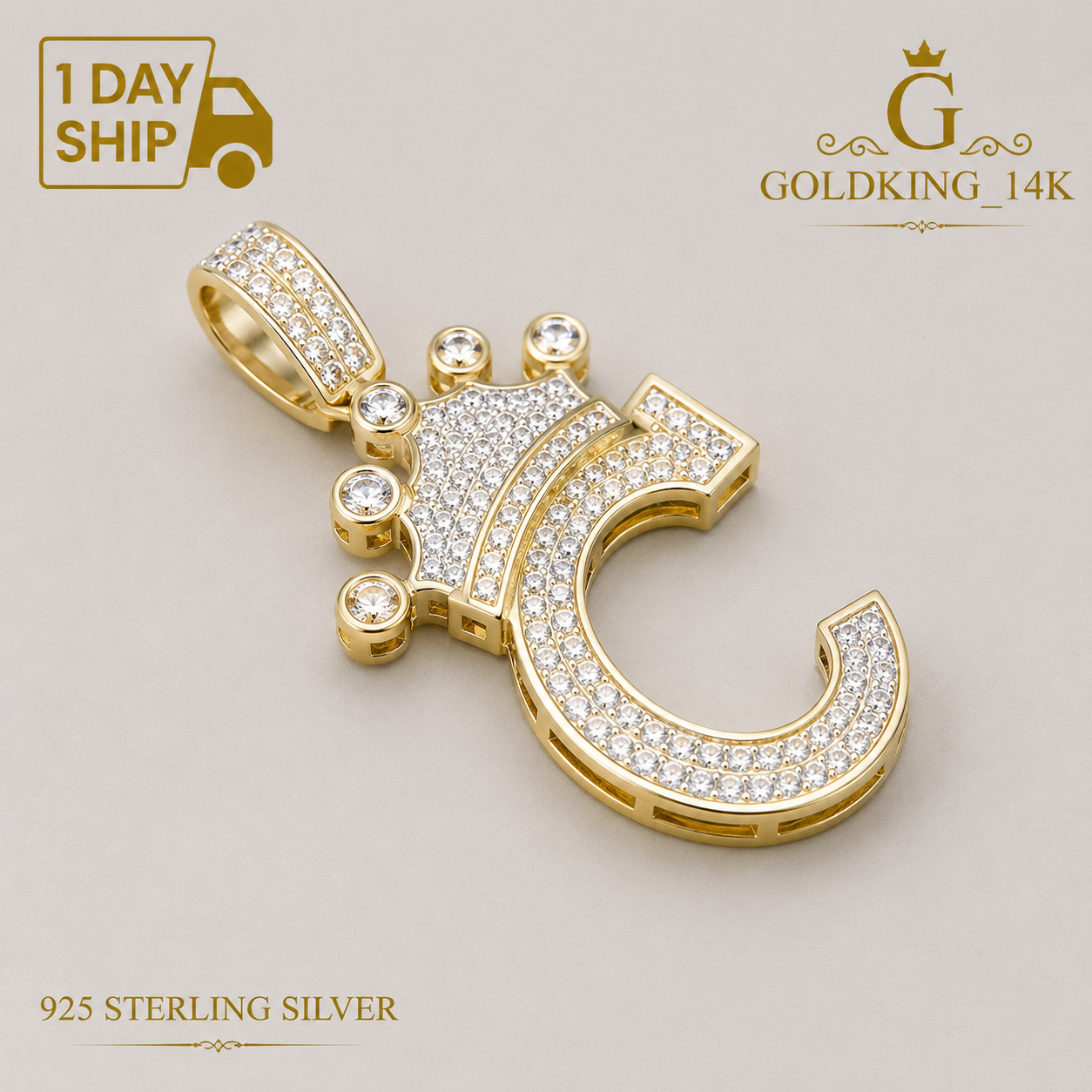 1.5Ct Round Lab-Created Moissanite C Crown Letter Pendant 14K Yellow Gold Plated