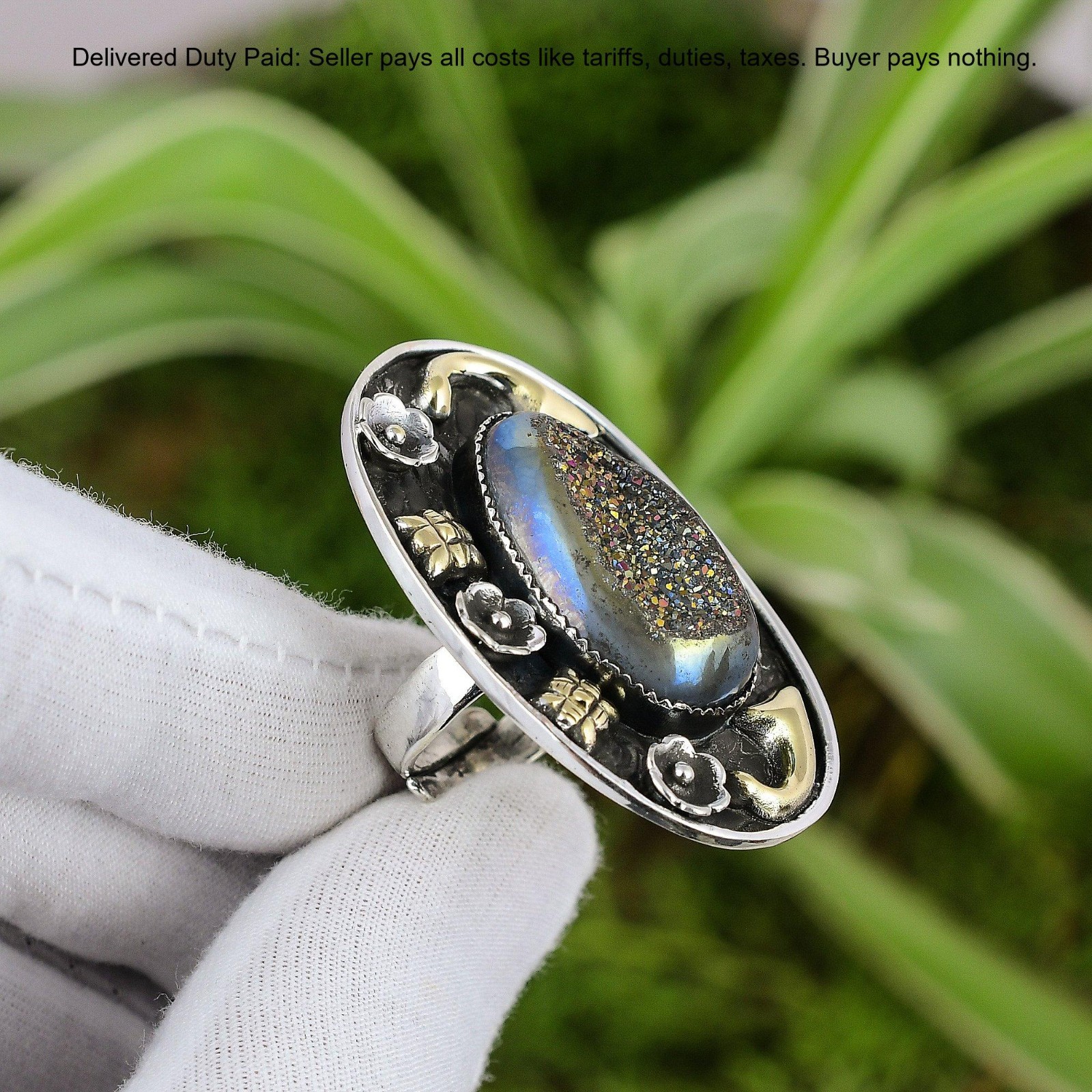 925 Sterling Silver Oval Natural Window Titanium Druzy New Statement Unique Ring