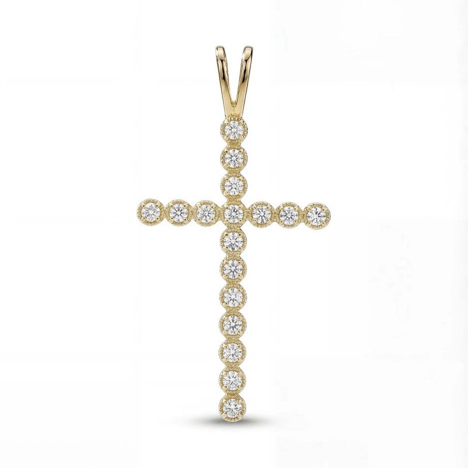 14K Yellow Gold Diamond Cross Pendant Prong Set Round White/Colorless