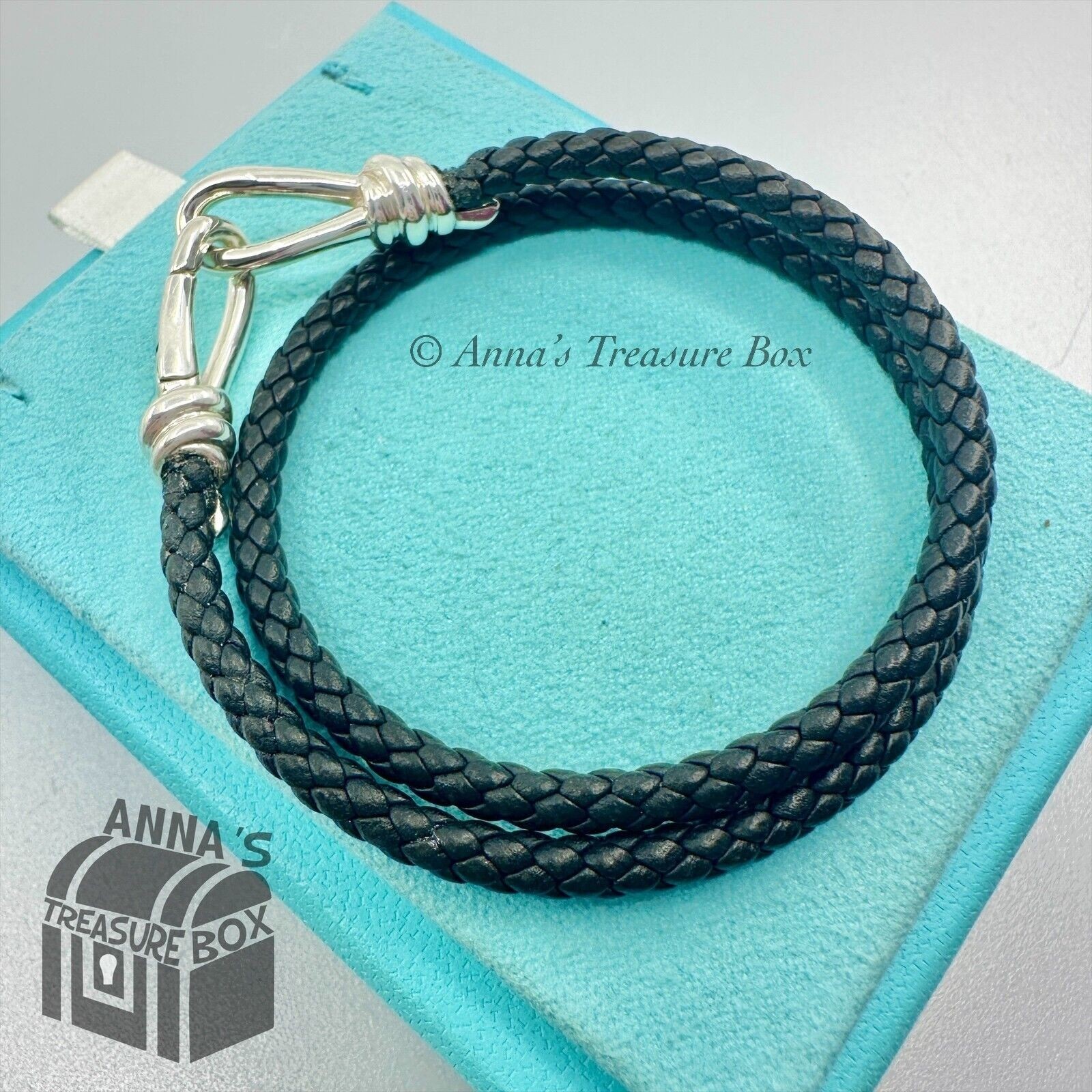 Tiffany & Co. 925 Silver Picasso Black Braid Leather Double Wrap 7″ Bracelet