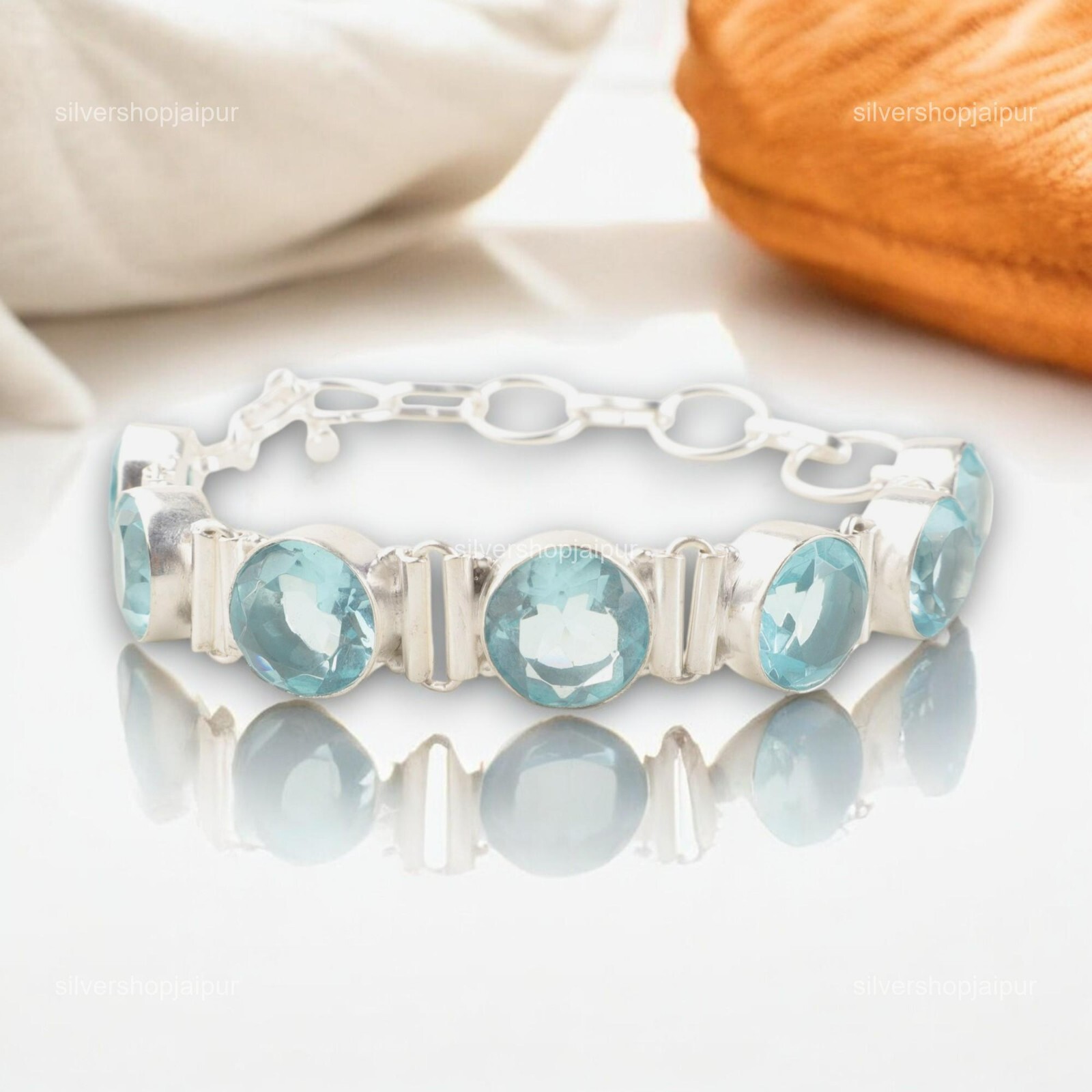 Sky Blue Topaz Stone Anniversary Wife Chain Boho New Bracelet Jewelry 925 Silver