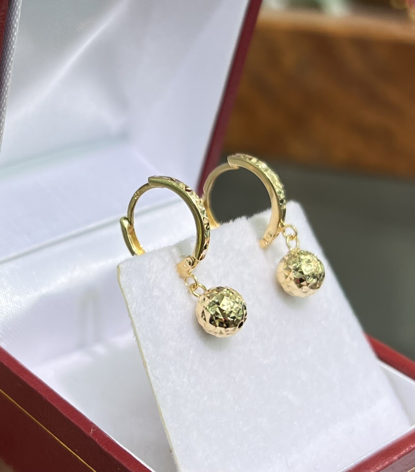 18k Solid Yellow Gold Kid Adult Shiny Drop Ball Dangle Hoop Earrings, 1.39 grams