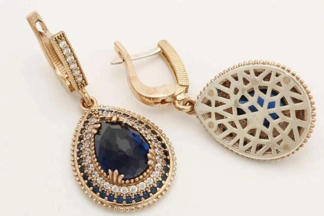 3 Ct Pear Lab Created Blue Sapphire Drop Dangle Earrings 14K Yellow Gold Plated