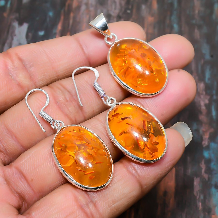 Baltic Amber Gemstone Handmade Pendant+Earring Jewelry Set V990