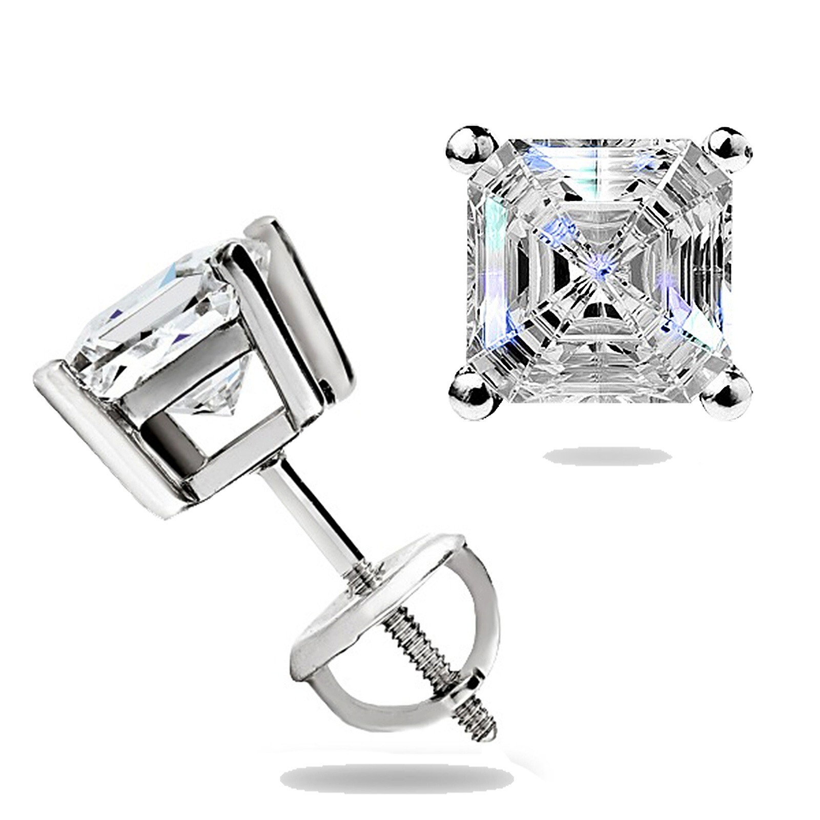ASSCHER CUT GRA MOISSANITE STUD EARRINGS 14K WHITE GOLD 1.50CT w/SCREWBACK GIFT