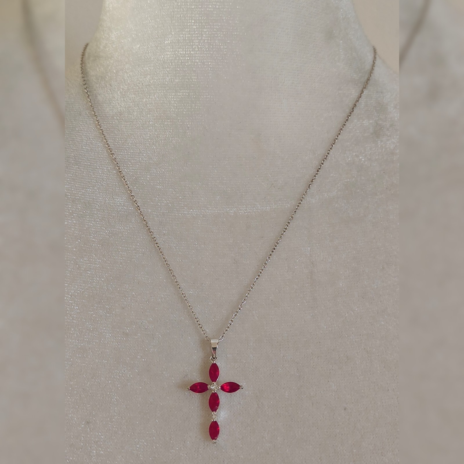 Sterling Silver 925 Christian Cross Pendant Necklace Red Marquis Cut Crystal