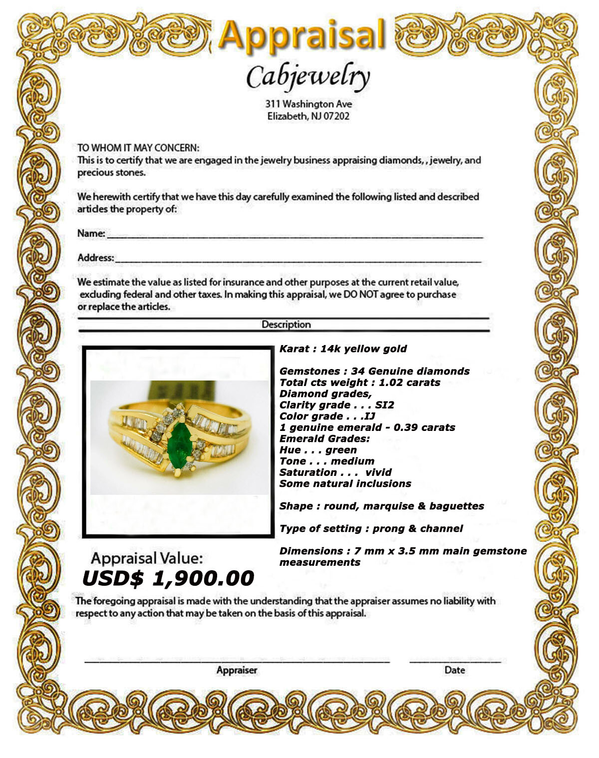 GENUINE EMERALD & 1.02 Cts DIAMONDS RING 14K GOLD * FREE APPRAISAL *Made in USA