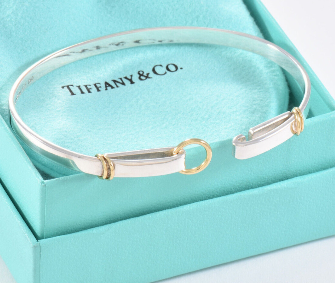 Tiffany & Co Silver 18K Gold Circle Loop Ring Hook 6.75″ Bracelet in Box Pouch