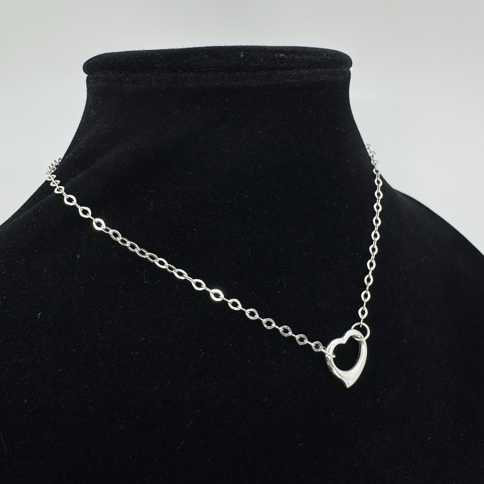 Sterling Silver Floating Open Heart Fixed Pendant Necklace Signed FAS 15.5”
