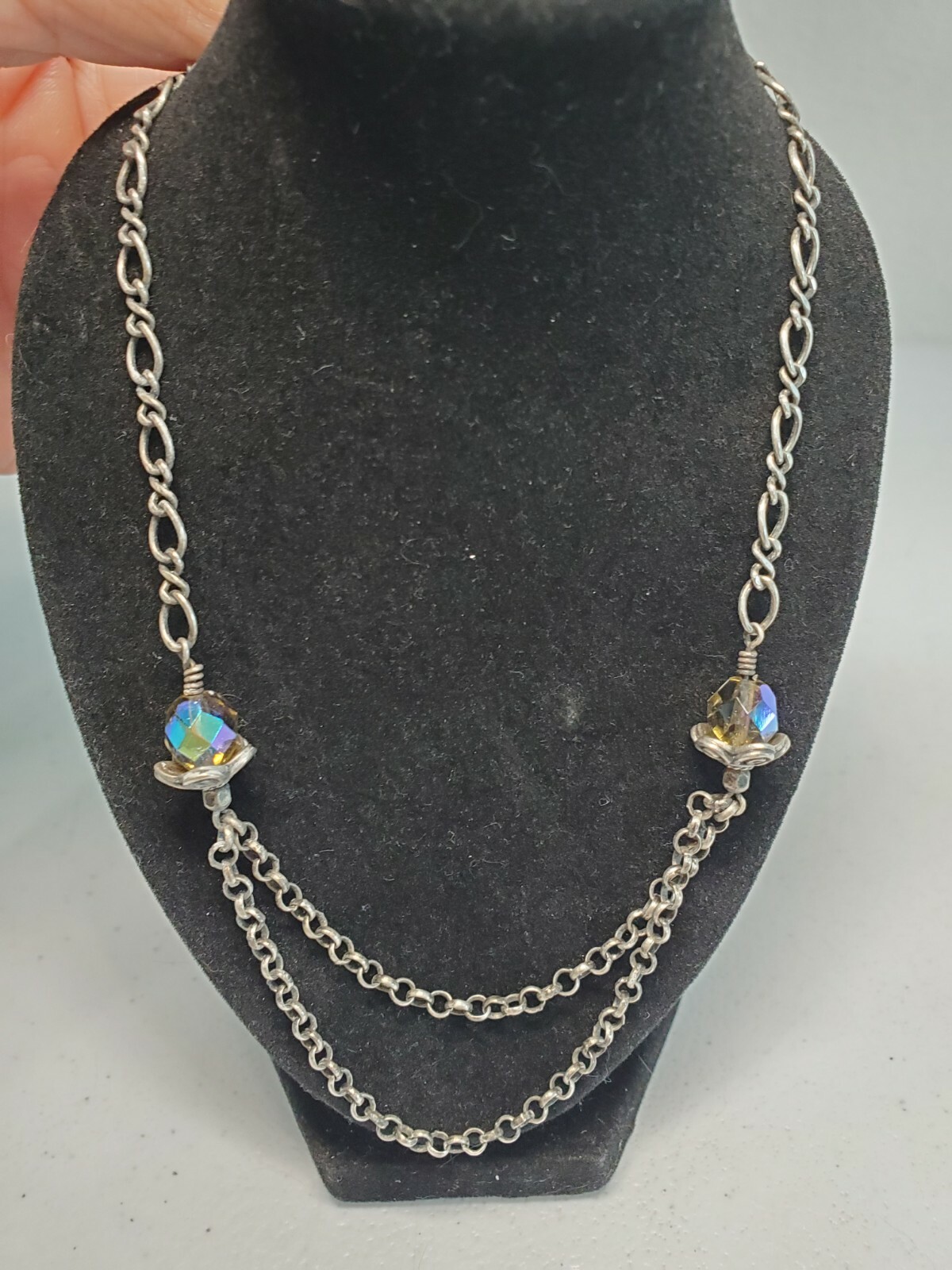 Vintage Solid Sterling Silver Layered Crystal Necklace