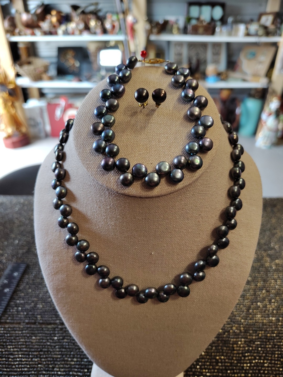 Flat Black Tahitian Pearls Necklace Bracelet Earring Set