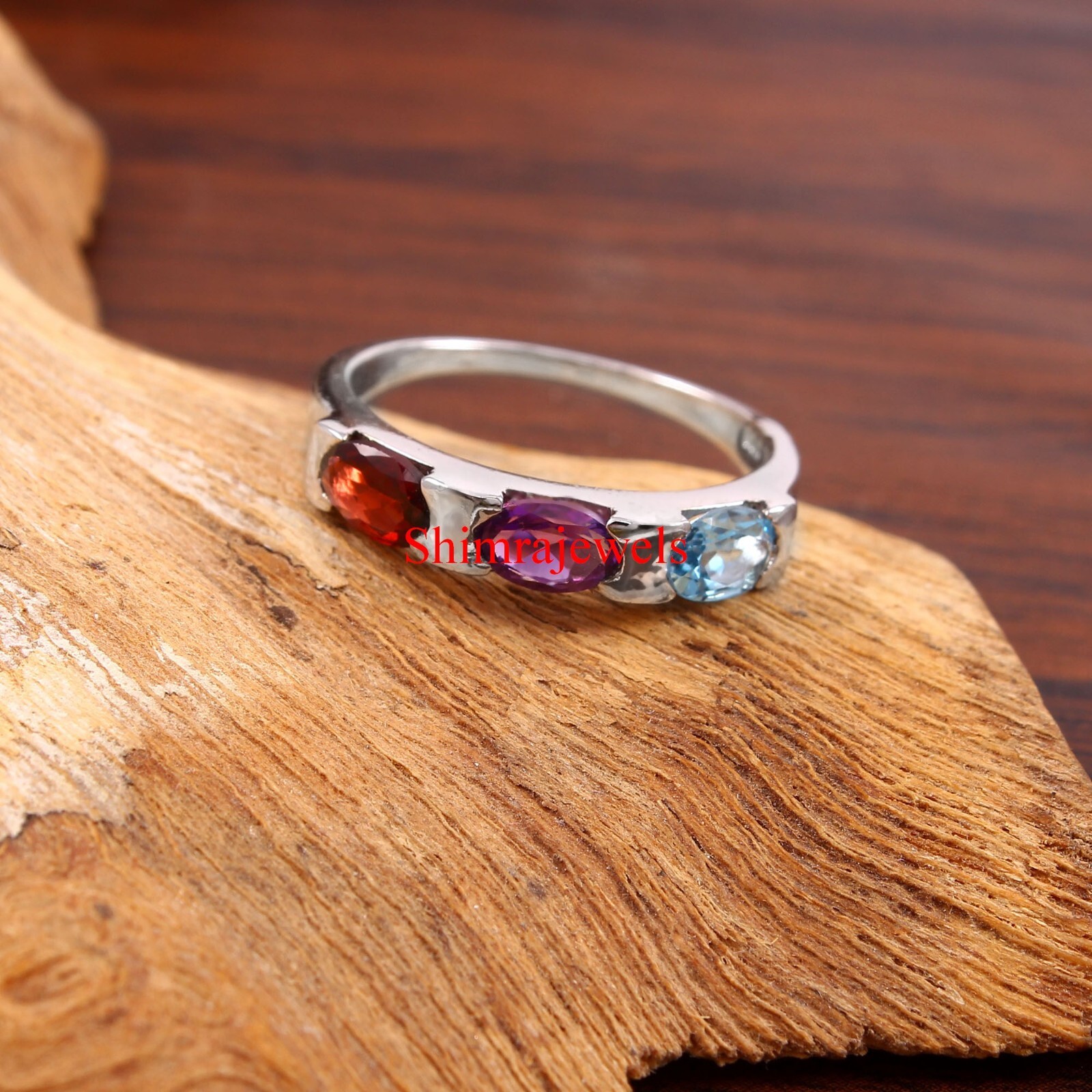 Natural Multi-Gemstone With 18K White Gold Plated Silver Women’s Ring #581