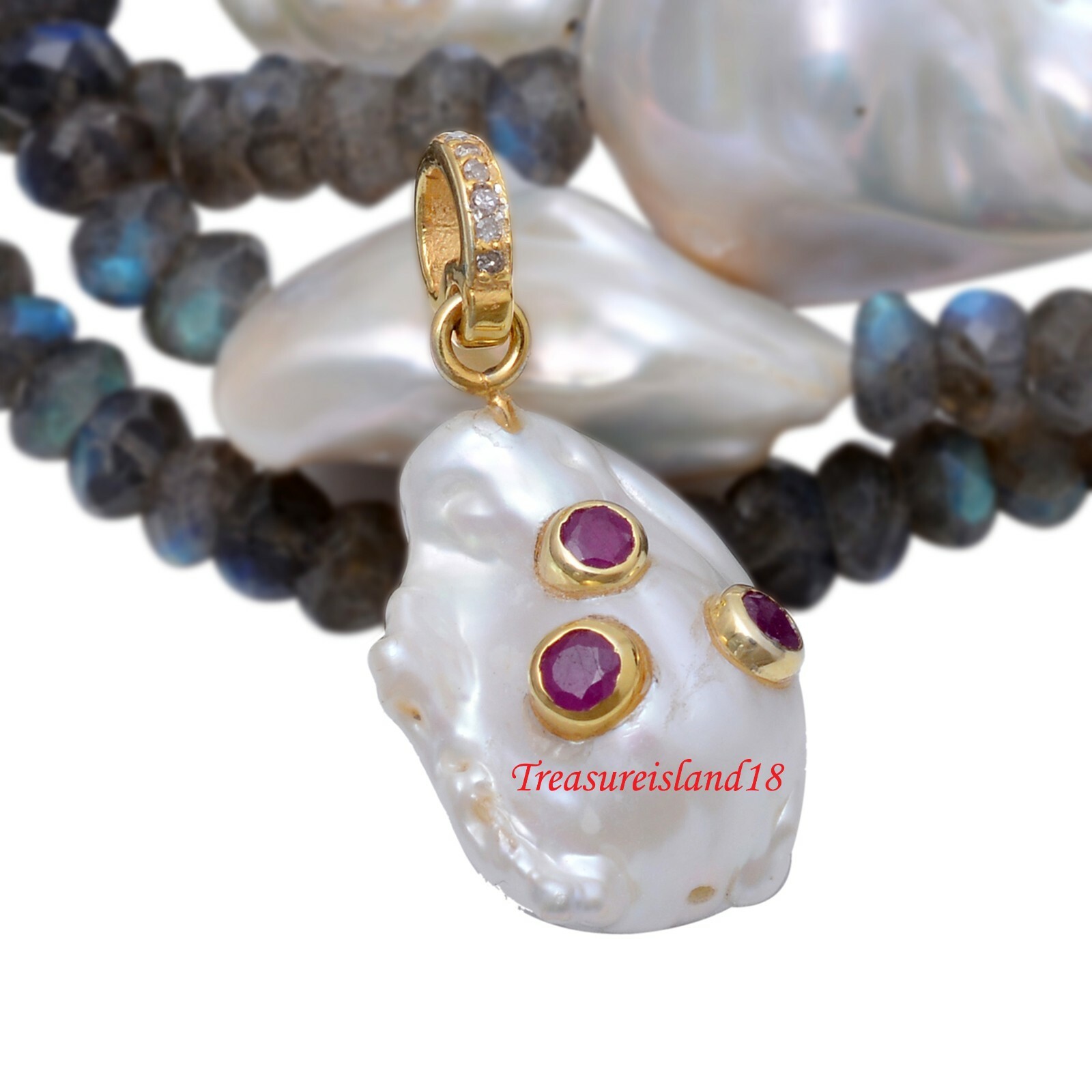 925 Sterling Silver Diamond Ruby Baroque Pearl Pendant,Pave Diamond Pendant,Ruby