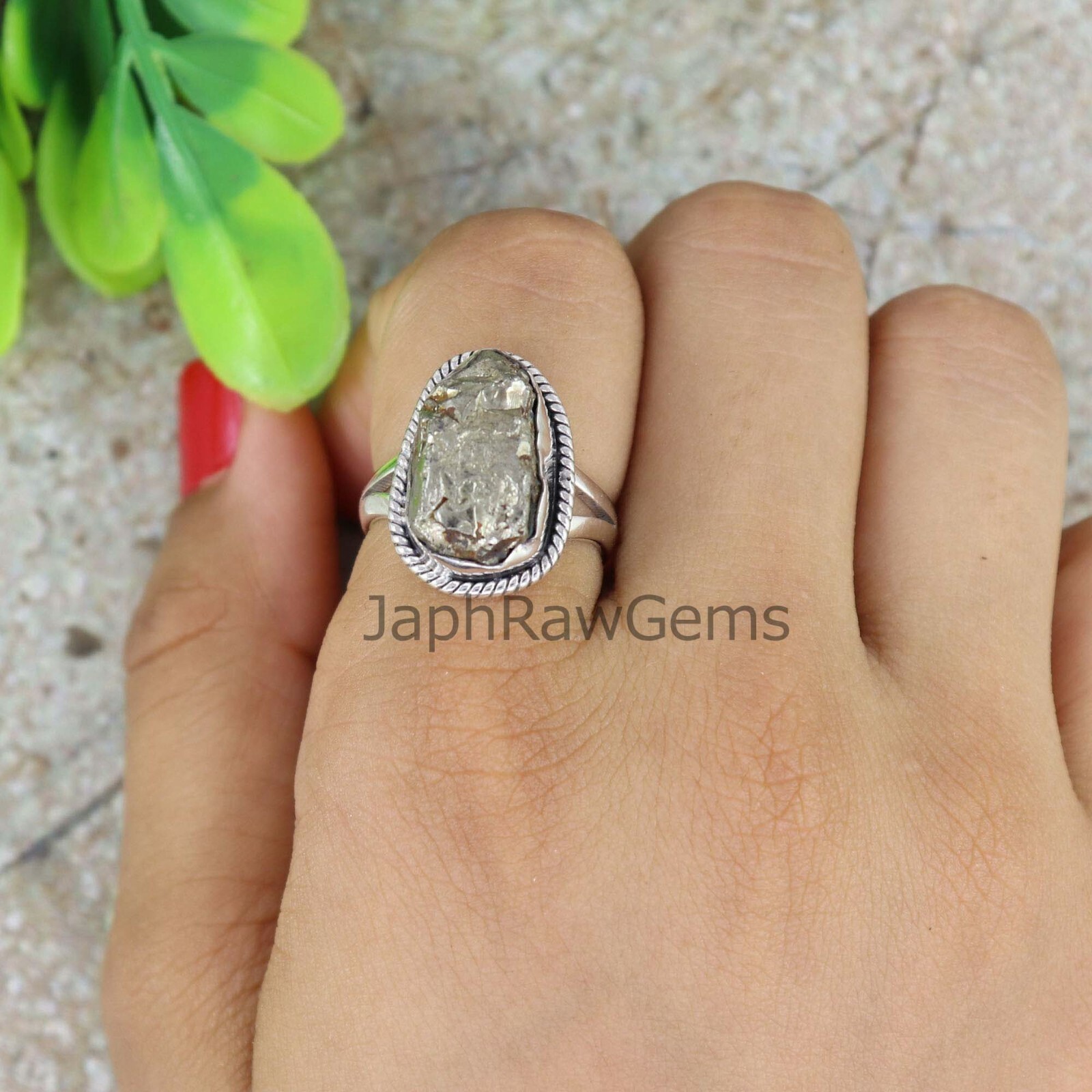 Natural Pyrite 925 Sterling Silver Boho Uncut Healing Crystal Ring Jewelry