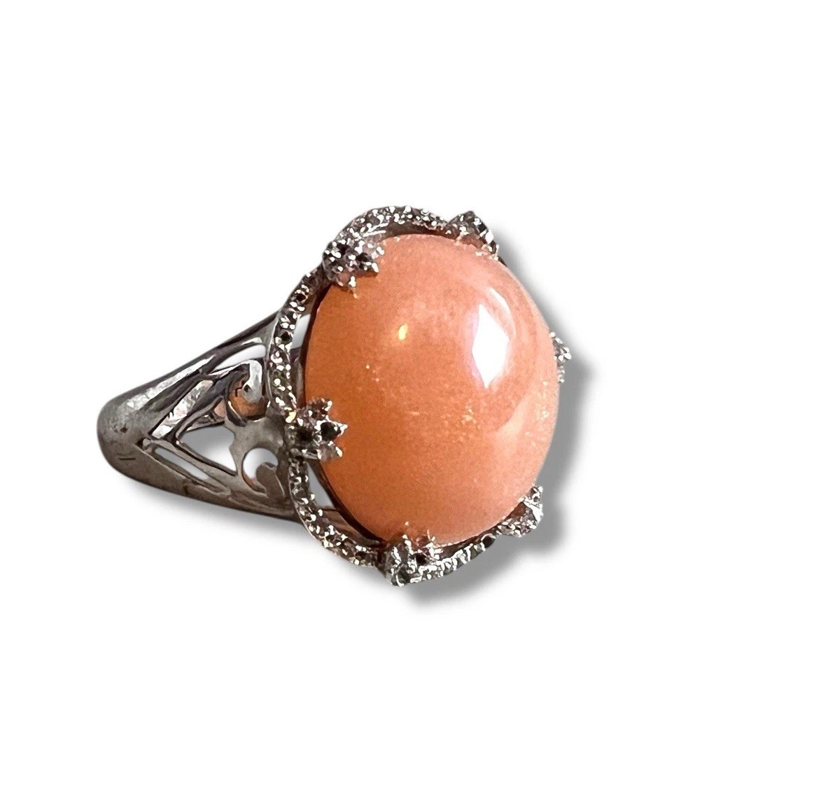 Sterling Silver 925 Italian Milor QVC Peach Moonstone Ring Halo Cocktail Size 8