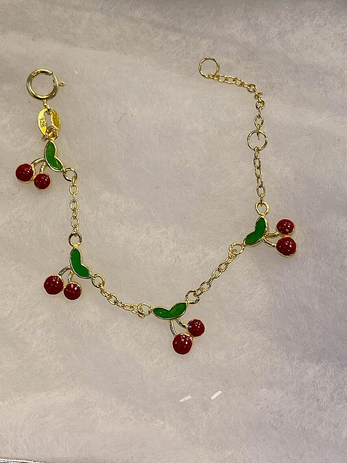 New BABY BRACELET 4 1/2″ 14 KARAT GOLD over 925 STERLING SILVER ENAMEL CHERRY