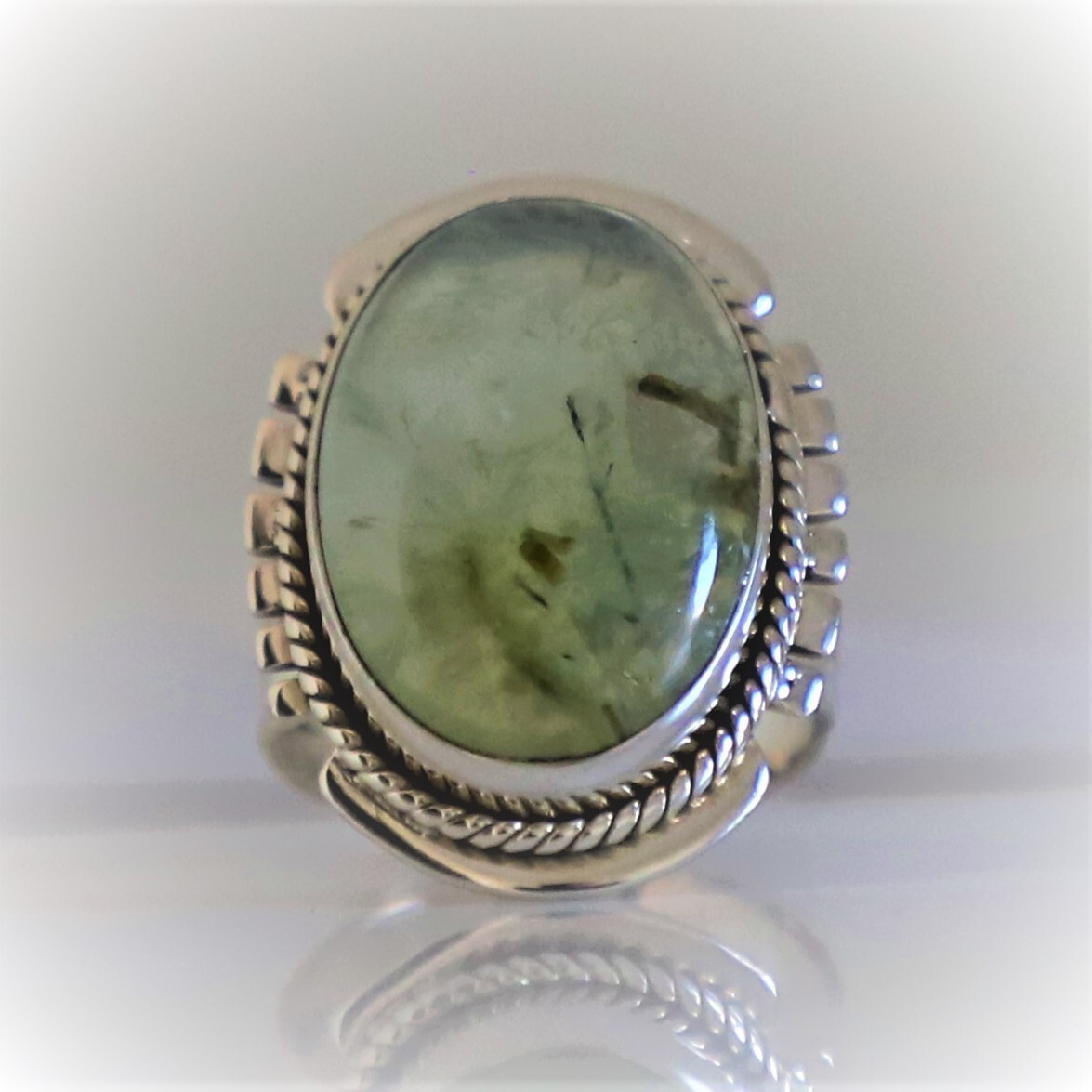 PREHNITE NATURAL GEMSTONE 925 STERLING SILVER HANDMADE JEWELRY RING 3 TO12
