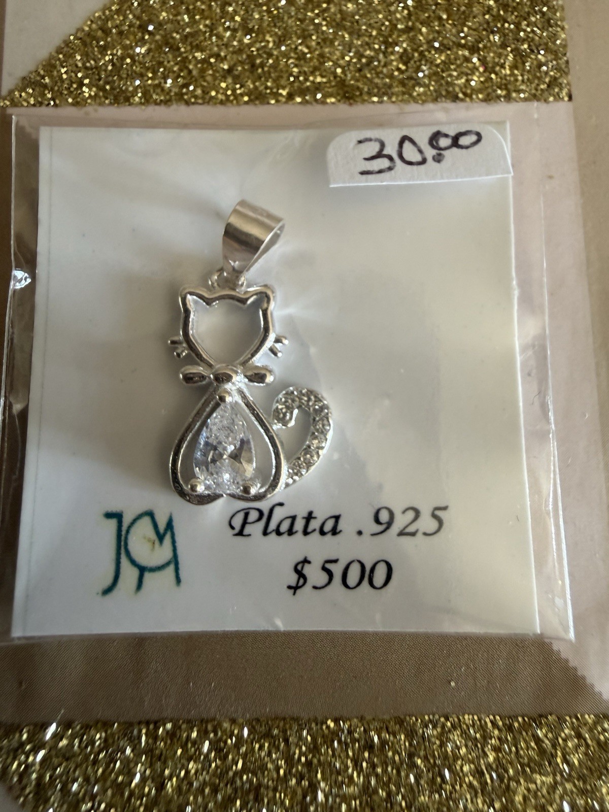 925 Sterling Silver Cat Pendant with Clear Crystal Stone, Silver Tone