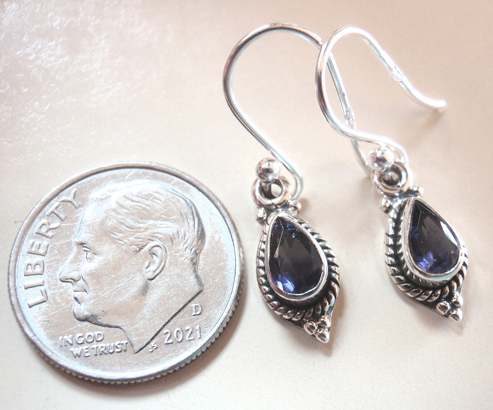 Faceted Iolite Teardrop 925 Sterling Silver Earrings w Rope Style Accents Small