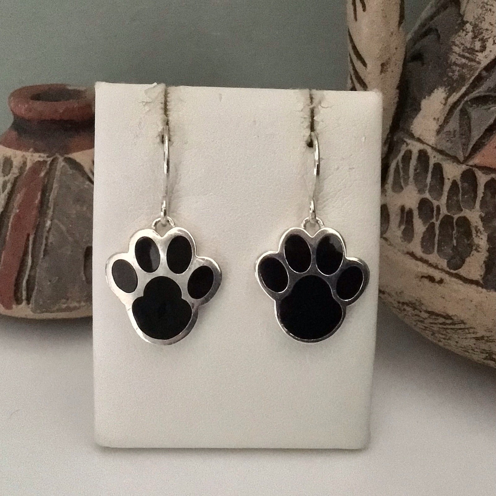 VTG Branded 925 Sterling Silver Black Obsidian Animal Paw Hook Earrings EUC 4g