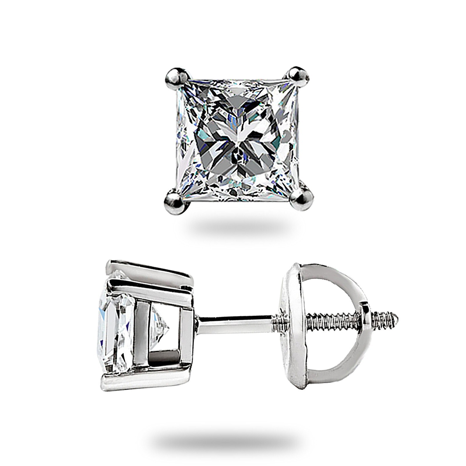 1.0 Ct Princess Cut GRA MOISSANITE Stud Earrings 14K White Gold Screw back Gift