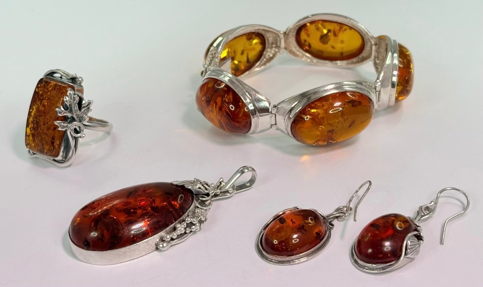🔶 Excellent VTG Sterling Silver & Natural Amber 5 Piece Matching Set