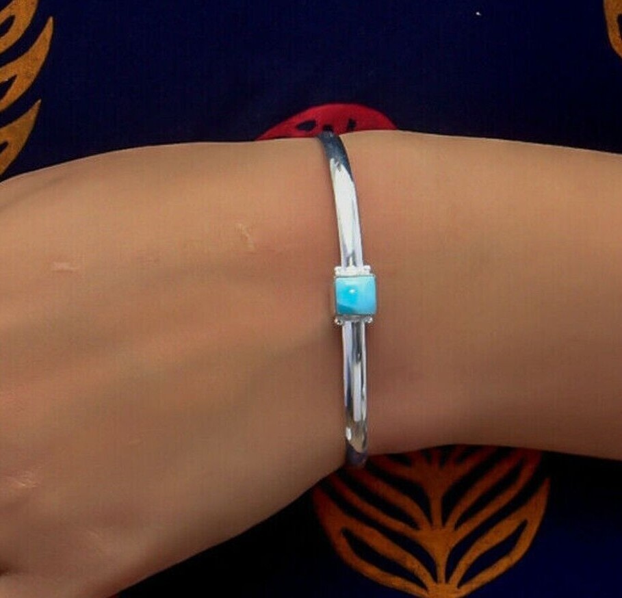 Larimar Gemstone Beautiful 925 Sterling Silver Adjustable Stylish Boho Bangle