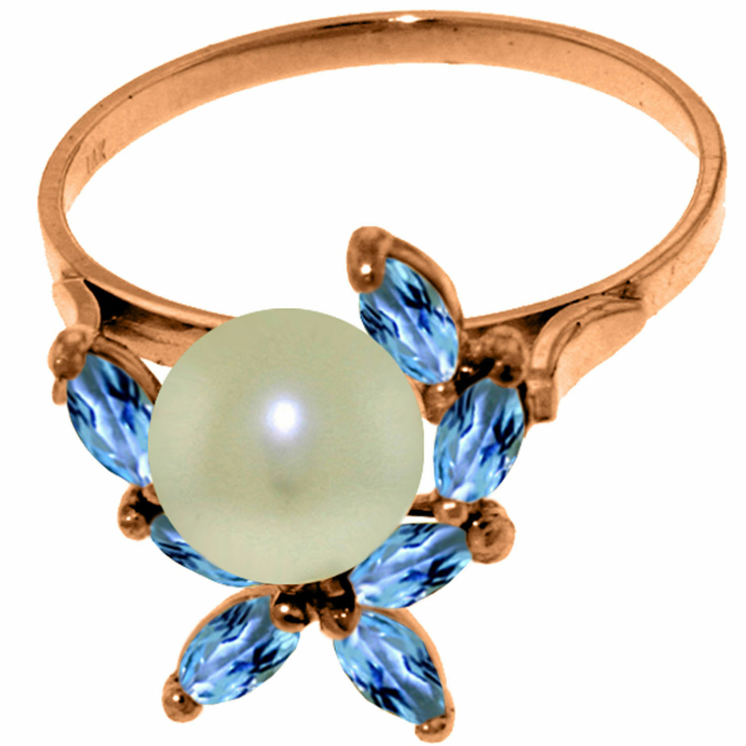 Brand New 14K Solid Rose Gold Ring with Natural Blue Topaz & pearl