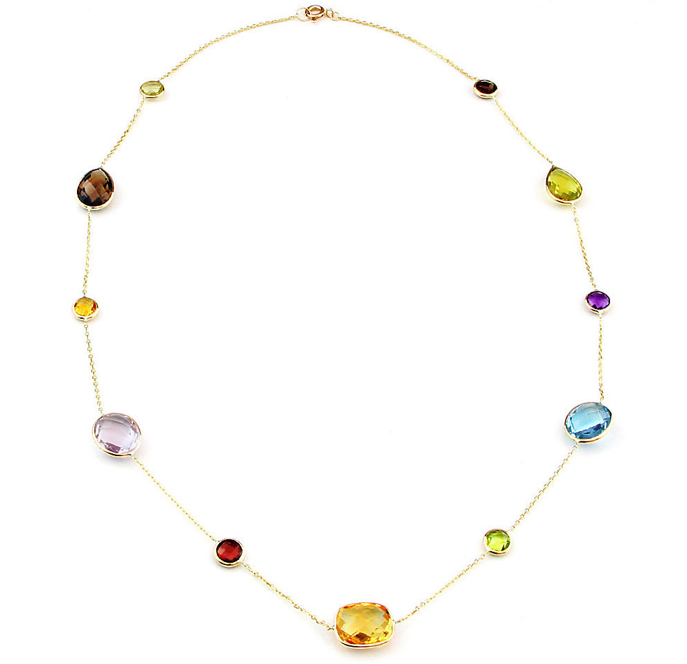 14K Yellow Gold Multi-Shaped and Multi-Colored Gemstone Necklace 24 Inches
