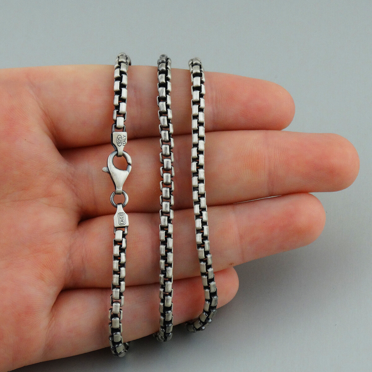 3.5mm Gun Metal Round Box Chain – 925 Sterling Silver-Masculine Mens Thick Heavy