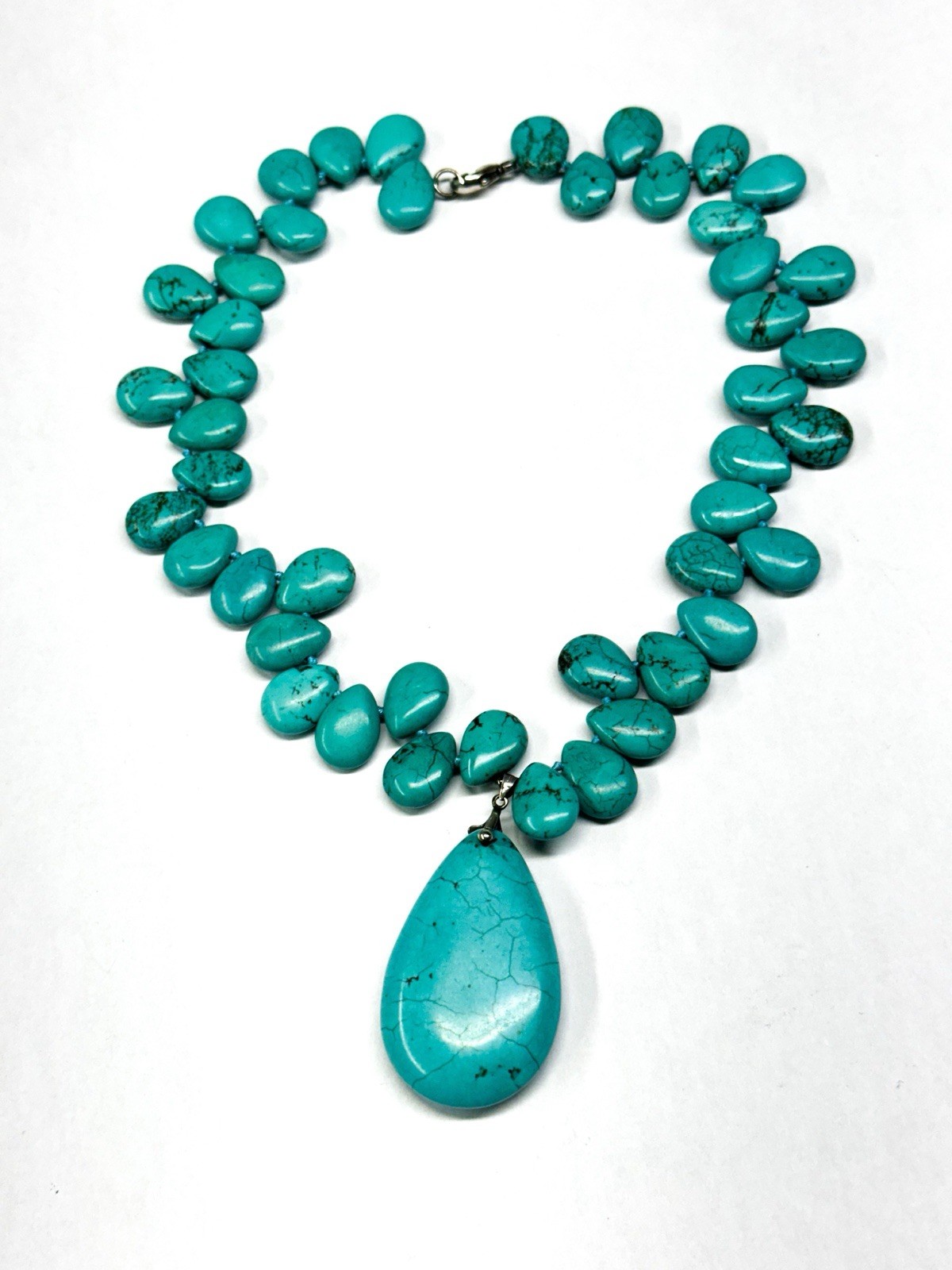 STERLING SILVER TURQUOISE HOWLITE TEARDROP STATEMENT NECKLACE 18 INCHES