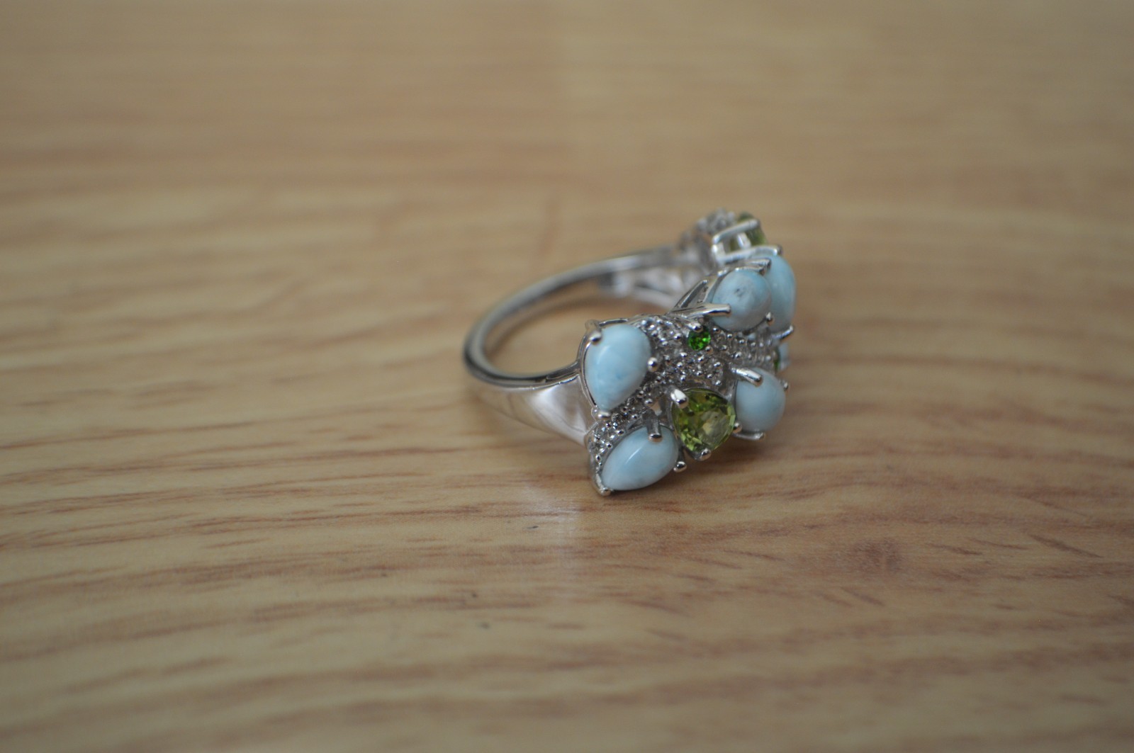 5.40ct Sky Blue Larimar /Multi Gemstone Ring Rhodium Plated over Fine Silver Sz7
