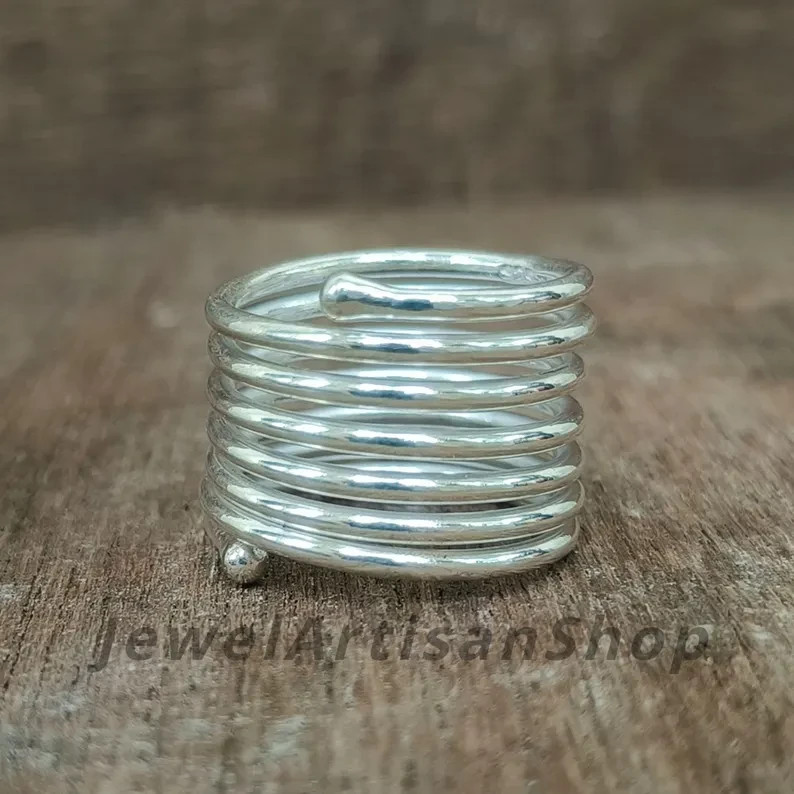 925 Sterling Silver Coil Ring-Adjustable Spiral Band-Silver Wire Wrap Ring-Handm