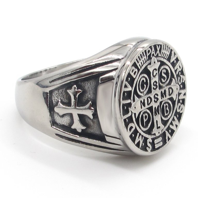 MENDEL Mens Catholic St Saint Benedict Cross Ring Stainless Steel Exorcism Medal