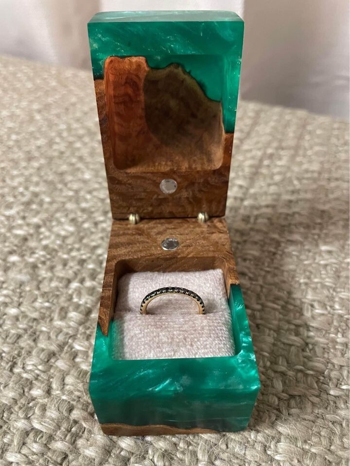 Black Diamond Engagement Ring with Epoxy Resin & Wood Custom Ring Box (Size 4.5)