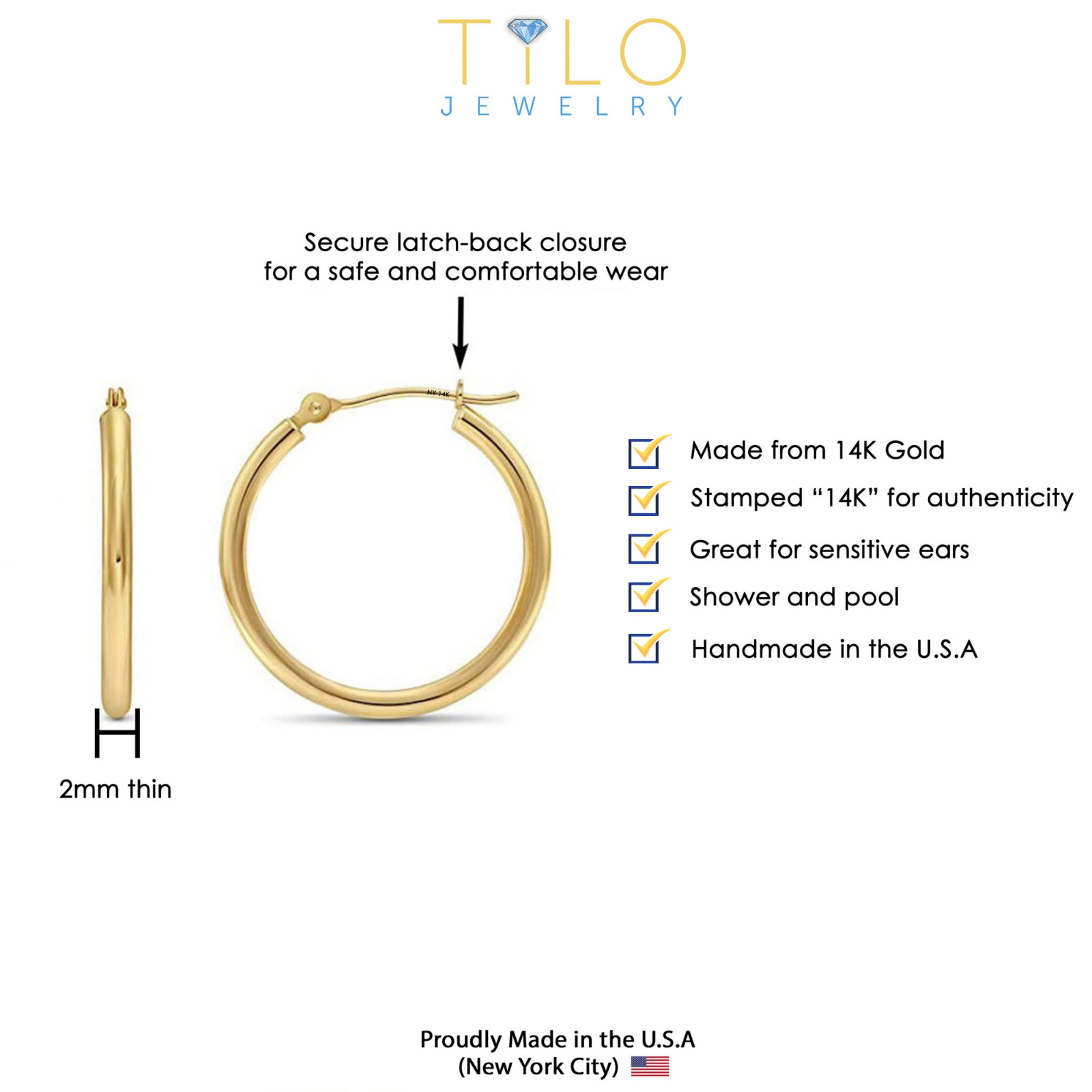 14K Real Solid Yellow Gold Shiny Polished Round Creole Hoop Earrings All Sizes